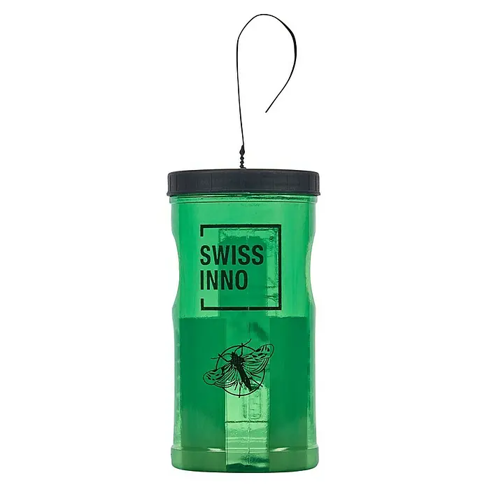 Swissinno Buchsbaumzünsler-Falle - 1 Stk. - Eine grüne Swiss Inno Insektenfalle mit schwarzem Deckel und Aufhänger, ideal für den Garten oder das Haus, um Insekten auf umweltfreundliche Weise zu bekämpfen.