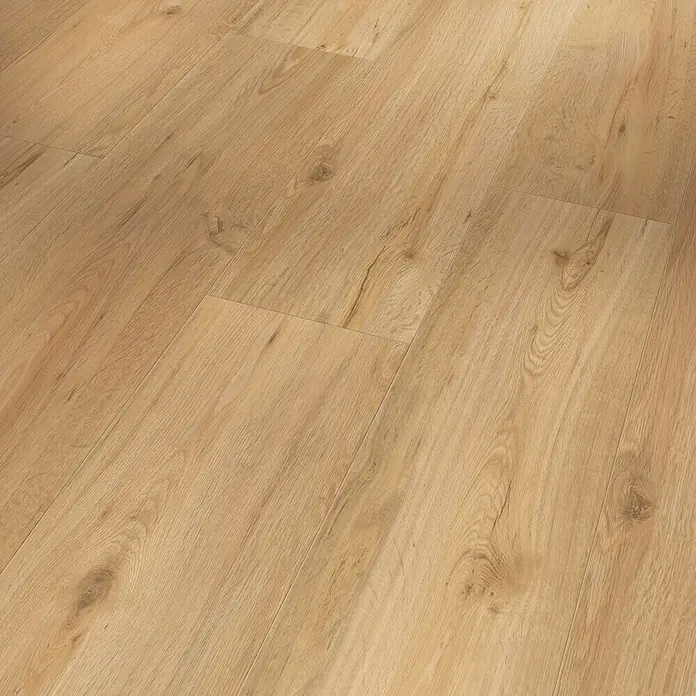 Parador Vinylbodenmuster Basic 30 Eiche Natur - 200 x 216 x 9,4 mm, Landhausdiele - Nahaufnahme von hellem Laminatboden mit natürlicher Holzstruktur, ideal für moderne Innenräume.
