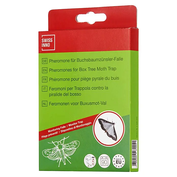 Swissinno Buchsbaumzünsler-Falle Nachfüllpack - 2 Stk. - Verpackung der Swiss Inno Pheromon Box Tree Moth Trap mit Abbildungen und Produktinformationen.