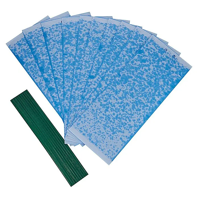 Swissinno Klebefalle - Blau, 10 Stk. - Ein Foto von blauen, marmorierten Dokumenthüllen und grünem Bindedraht auf schwarzem Hintergrund.