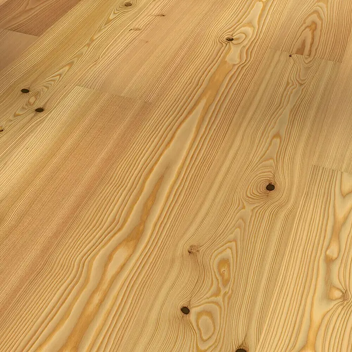 Parador Parkettmuster Classic 3060 Lärche Naturöl plus - 200 x 185 x 13 mm, Landhausdiele - Nahaufnahme von Kiefernholzparkett, das die natürliche Maserung und die Astlöcher des Holzes hervorhebt.
