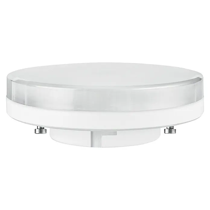 Osram Star LED-Lampe - GX53 , Nicht Dimmbar, Kaltweiß, 470 lm, 4,9 W - Nahaufnahme einer runden, weißen Deckenleuchte mit einem transparenten Diffusor, die eine gleichmäßige Ausleuchtung bietet.