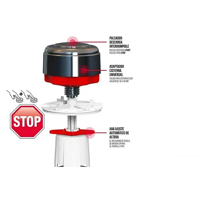 Descarga para WC interrumpible - Volumen de descarga: 6 l - Primer plano del mecanismo de descarga del inodoro con altura ajustable, adaptador universal y descarga interrumpible para un uso eficiente del agua.