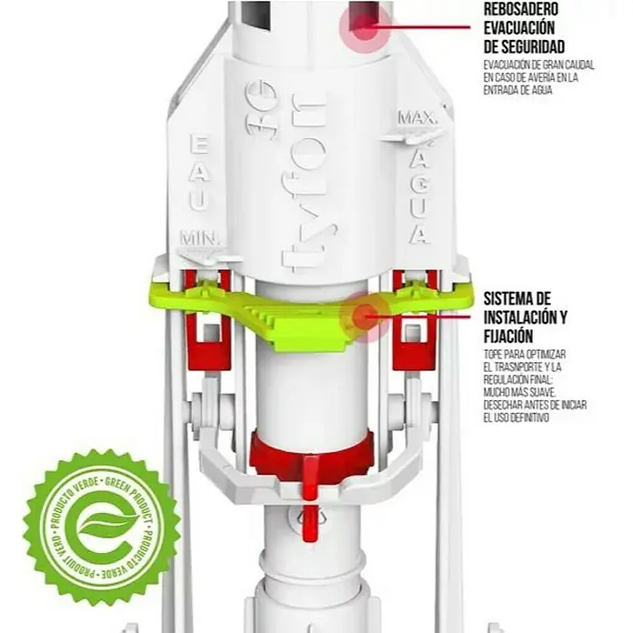 Descarga para WC interrumpible - Volumen de descarga: 6 l - Primer plano de una válvula de descarga de inodoro Tyfon con sello de producto verde, diseñada para un lavado eficiente y ahorro de agua.