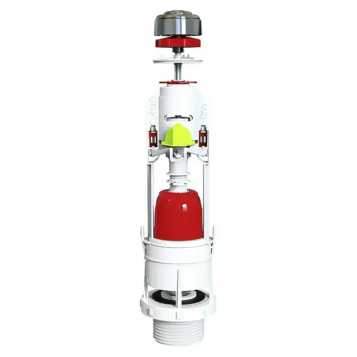Descarga para WC cable doble regulable - Volumen de descarga: 3 l - 9 l - Detalle de una válvula de descarga TYFON ECO en blanco, rojo, cromo y amarillo, destacando sus componentes y diseño.