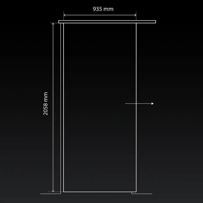 Diamond Doors Glasschiebetür 621 - 935 x 2.058 mm, Einscheibensicherheitsglas (ESG), Milchglas - Schemazeichnung einer Duschkabine mit den Maßen 2058 mm Höhe und 935 mm Breite.