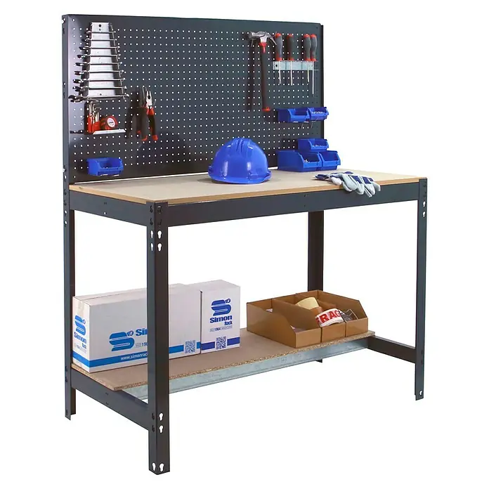 Simonrack Simonwork Banco de trabajo BT2 - Antracita/Madera, Ancho: 91 cm - Un banco de trabajo con panel perforado, herramientas, contenedores y estante inferior. Diseñado para organizar herramientas de forma eficiente.