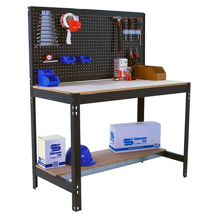 Simonrack Simonwork Werkbank BT2 1200 - Schwarz, Breite: 121 cm - Werkbank mit Lochwand, Werkzeugen, Behältern und Regalboden mit Zubehör von Simon Rack.