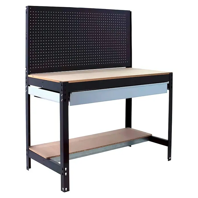Simonrack Simonwork Banco de trabajo BT2 Box - Antracita, Ancho: 121 cm - Un banco de trabajo robusto con panel perforado, cajón y estante, que ofrece un almacenamiento y organización óptimos para el taller.