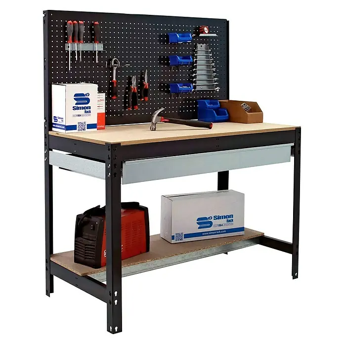 Simonrack Simonwork Banco de trabajo BT2 Box - Antracita, Ancho: 121 cm - Banco de trabajo con herramientas y accesorios. Ideal para aficionados al bricolaje y profesionales. Práctico y robusto para cada taller.