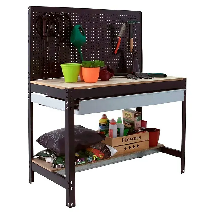 Simonrack Simonwork Banco de trabajo BT2 Box - Antracita, Ancho: 121 cm - Banco de trabajo de jardín con amplio espacio de almacenamiento. Las herramientas y accesorios de jardinería se pueden colocar en la superficie y en el estante inferior.