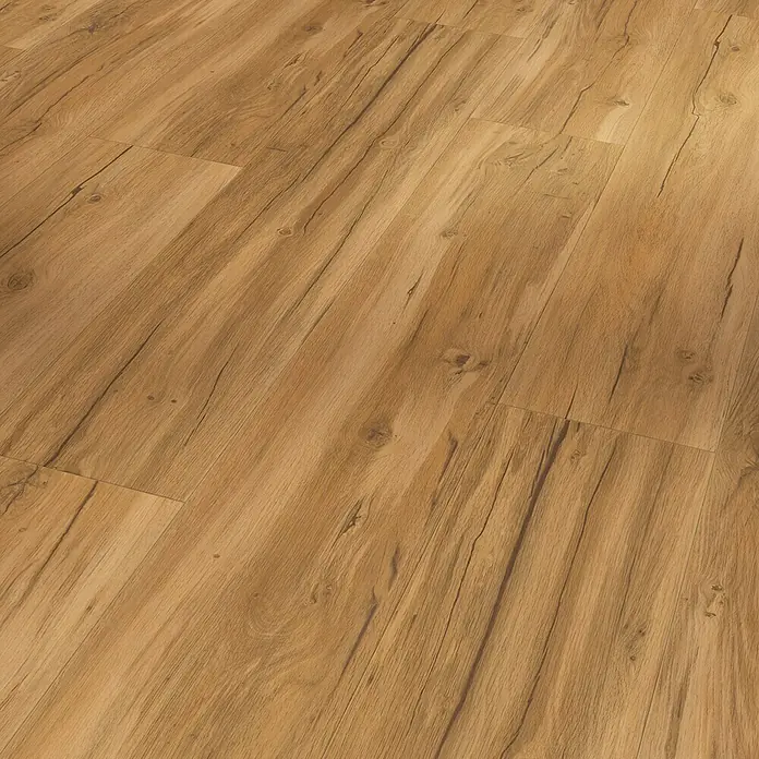 Parador Vinylbodenmuster Basic 30 Eiche Memory Natur - 200 x 216 x 9,4 mm, Landhausdiele - Nahaufnahme eines Laminatbodens mit Holzmaserung und natürlichen Farbtönen, der ein warmes und einladendes Ambiente erzeugt.