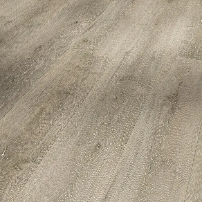 Parador Vinylbodenmuster Modular ONE Eiche Urban grau gekälkt - 200 x 225 x 5,3 mm, Landhausdiele - Detailaufnahme eines hellen Laminatbodens in Holzoptik, der eine natürliche und moderne Atmosphäre ausstrahlt.