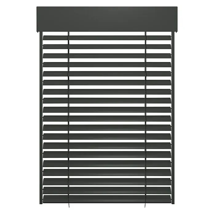 Schellenberg Raffstore Express - 140 x 260 cm - Eine Nahaufnahme einer schwarzen Jalousie, die das Licht teilweise blockiert und für Privatsphäre sorgt. Perfekt für jedes Zimmer!