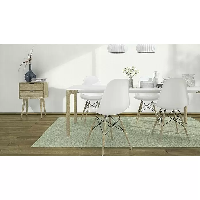 Rasch Wallton Vliestapete Makulaturvlies - Weiß, Uni, 50 x 1 m, Grammatur: 150 g/m² - Weißer Esstisch und Stühle mit Holzbeinen auf einem hellgrünen Teppich in einem modernen Esszimmer.