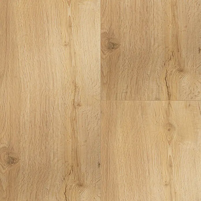 Parador Vinylbodenmuster Basic 30 Eiche Natur - 200 x 216 x 9,4 mm, Landhausdiele - Nahaufnahme von vier Holzplanken mit Maserung und Astlöchern, die ein warmes, natürliches Aussehen vermitteln. Ideal für Bodenbeläge.