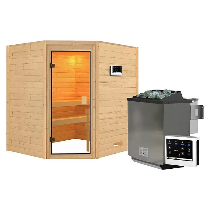 Karibu Massivholzsauna Kolmans - 9 kW Bio-Saunaofen mit externer Steuerung, L x B x H: 169 x 196 x 187 cm - Vorderansicht