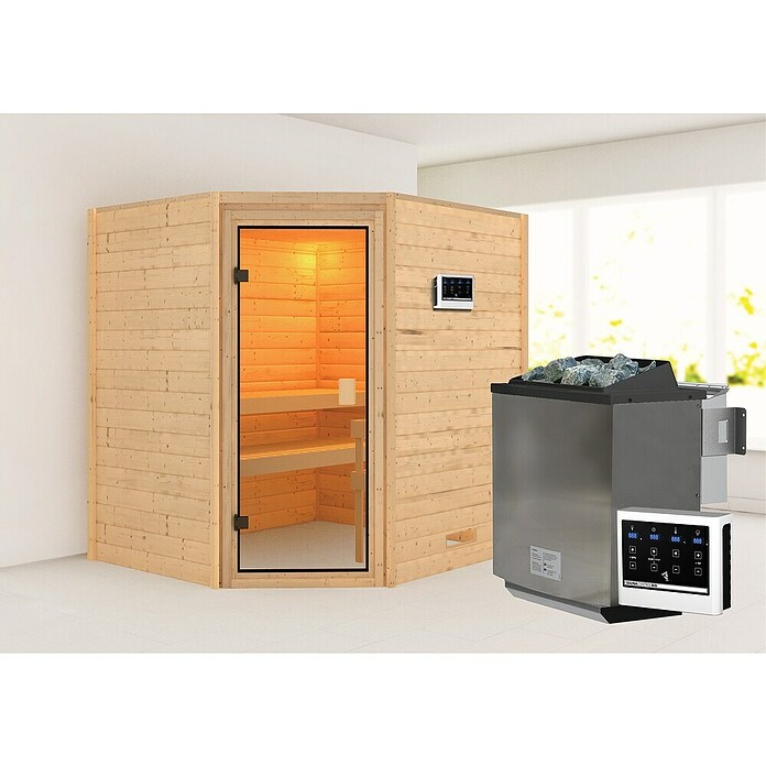 Karibu Massivholzsauna Kolmans (9 kW Bio-Saunaofen mit externer Steuerung, L x B x H: 169 x 196 x 187 cm) | BAUHAUS