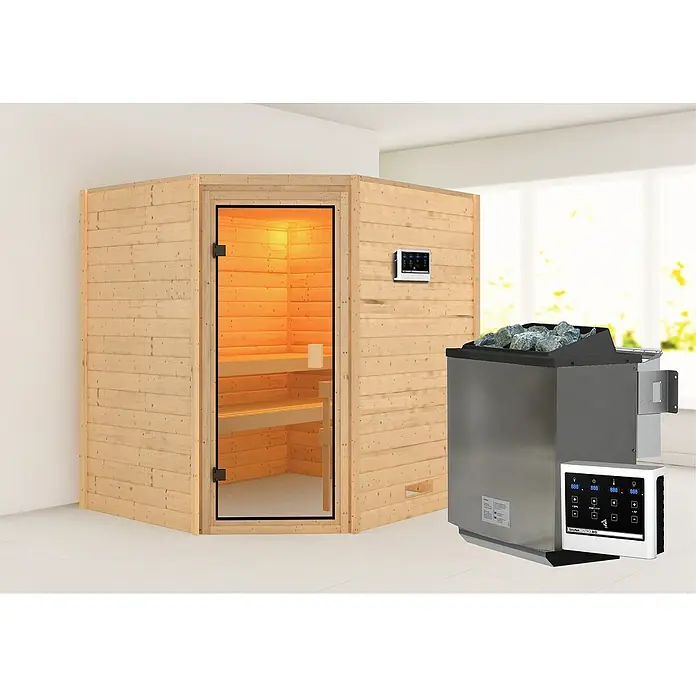Karibu Massivholzsauna Kolmans - 9 kW Bio-Saunaofen mit externer Steuerung, L x B x H: 169 x 196 x 187 cm - Ein modernes Saunasystem mit Holzverkleidung, Glaseingang und Steuerungseinheit. Genießen Sie Entspannung und Wellness in Ihrem Zuhause.