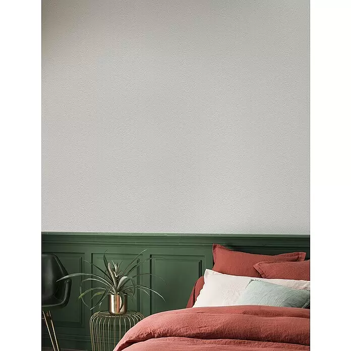 Rasch Vliestapete Feel Good Putzstruktur - Weiß, Uni, 10,05 x 0,53 m, Spachtelstruktur - Hellgraue Wandoberfläche mit subtiler, unregelmäßiger Textur.