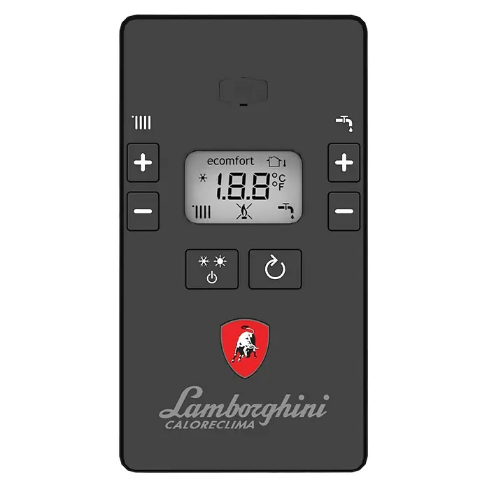 Lamborghini Caldera Alhena 24 C - 21,6 kW, Display multifunción - Termostato Lamborghini Caloreclima. Termostato moderno para el control de la temperatura en la casa, con pantalla digital y el logotipo de Lamborghini.