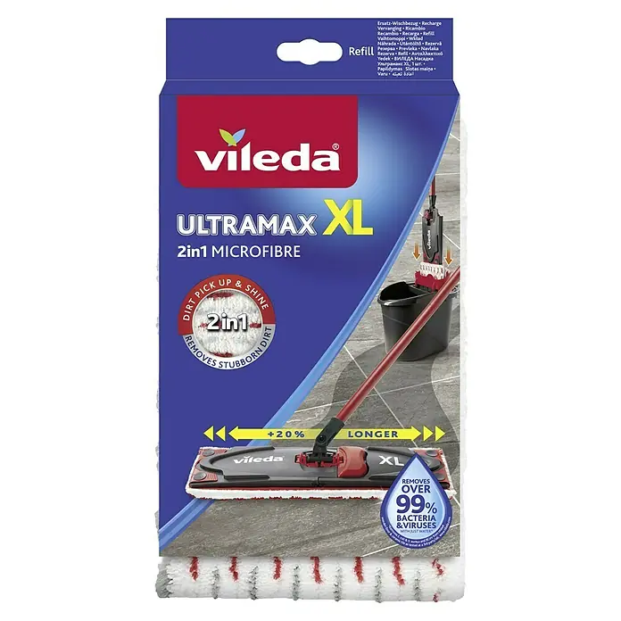 Vileda Ultramax Ersatz-Bezug Mikrofaser 2in1 - Passend für: Vileda Ultramax Reinigungssystem & Eimer - Produktverpackung für Vileda Ultramax XL 2in1 Microfaser-Mopp-Aufsatz. Entfernt über 99% der Bakterien und Viren nur mit Wasser.
