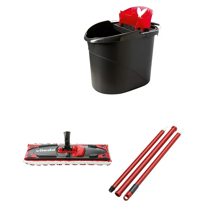 Vileda Ultramax Reinigungssystem & Eimer - 1 x Ultramax Eimer mit Auswringer, 1 x Ultramax Wischer, 1 x Mikrofaserbezug - Vileda Wischtuch-Set mit Eimer, Auswringer, Mikrofaser-Wischmopp und Stiel in Rot und Schwarz für eine effektive und hygienische Reinigung.