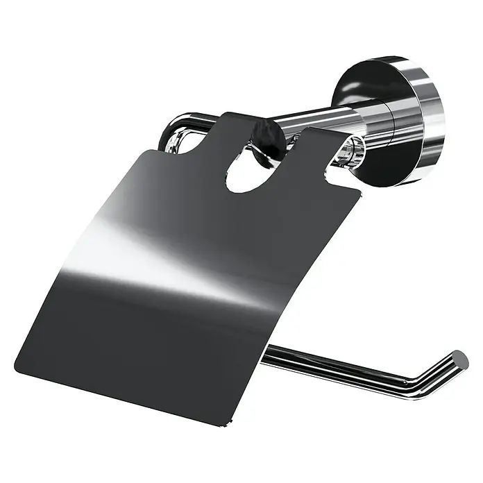 Camargue Monaco Toilettenpapierhalter - Mit Deckel, Edelstahl, Verchromt - Nahaufnahme eines modernen, verchromten Toilettenpapierhalters mit Deckel auf schwarzem Hintergrund, der das elegante Design hervorhebt.
