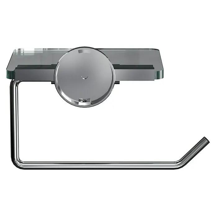 Camargue Monaco Toilettenpapierhalter - Mit Ablage, Edelstahl, Verchromt - Nahaufnahme einer eleganten Toilettenpapierhalterung mit Ablagefläche, ideal für stilvolle Badezimmer. Die Halterung ist aus Chrom und Glas gefertigt.