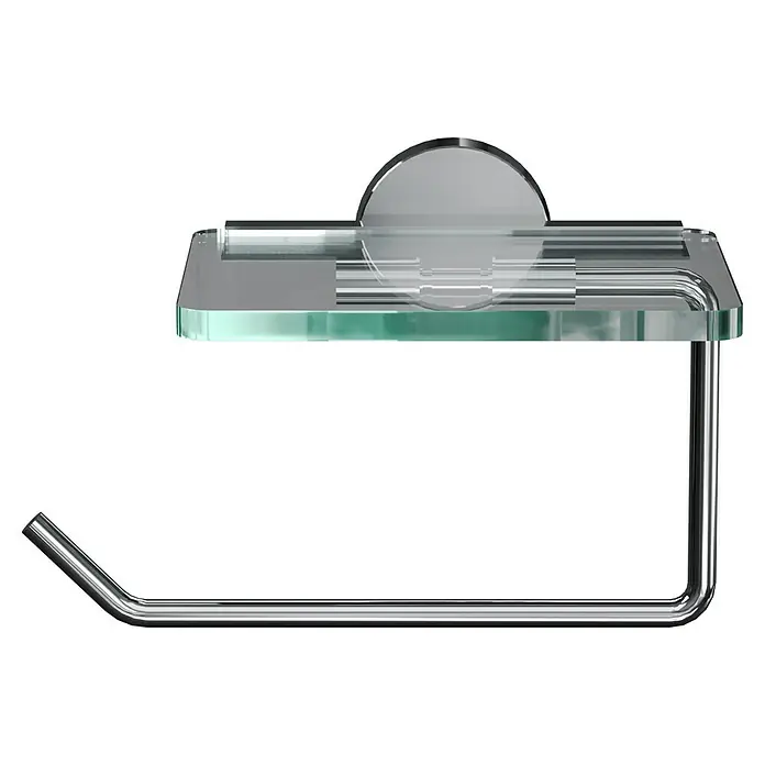 Camargue Monaco Toilettenpapierhalter - Mit Ablage, Edelstahl, Verchromt - Ein eleganter Toilettenpapierhalter mit Ablage aus Glas und verchromtem Metall, ideal für moderne Badezimmer.