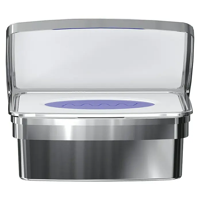 Camargue Monaco Feuchttücherbox - 12,5 x 17 x 6,7 cm, Edelstahl, Verchromt - Nahaufnahme eines eleganten, silberfarbenen automatischen Mülleimers mit UV-Sterilisation und offenem Deckel, ideal für ein modernes Zuhause.