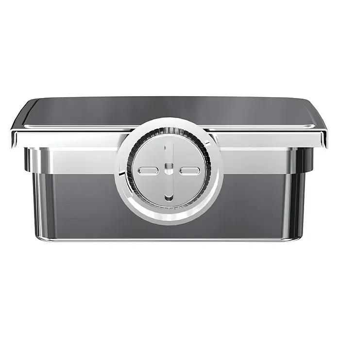 Camargue Monaco Feuchttücherbox - 12,5 x 17 x 6,7 cm, Edelstahl, Verchromt - Nahaufnahme einer rechteckigen, verspiegelten Chafing Dish mit einem Drehknopf mit Pluszeichen, die elegantes Buffet-Design betont.