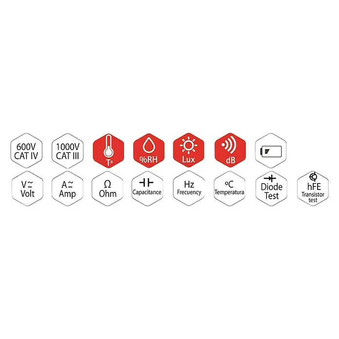 Xindar Multímetro digital Profesional DP10IN1 - Número de polos: 2 ud., Medición de frecuencia, IP20 - Íconos de multímetro que muestran varias funciones de medición como voltaje, corriente, resistencia y temperatura.