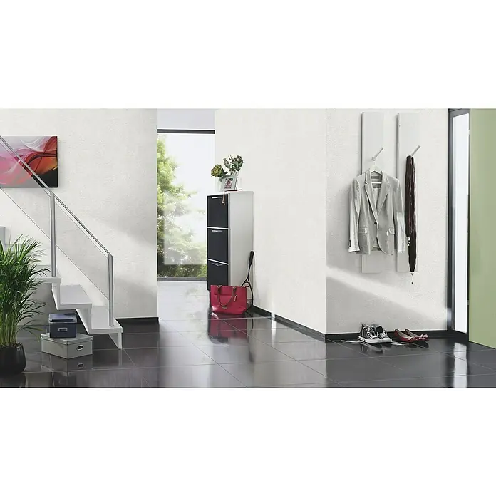 Rasch Wallton Vliestapete Premium Kreise - Weiß, Grafisch, 10,05 x 0,53 m - Ein stilvoller Flur mit einer modernen Treppe, einer Garderobe und glänzenden Fliesen. Die perfekte Kombination aus Funktionalität und Design.