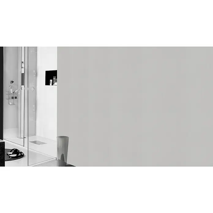 Rasch Wallton Vliestapete Premium Gewebestruktur Leinenoptik - Weiß, Uni, 25 x 1,06 m - Ein stilvolles Badezimmer mit einer modernen Duschkabine und einem praktischen Abfalleimer. Das Design ist minimalistisch und elegant.