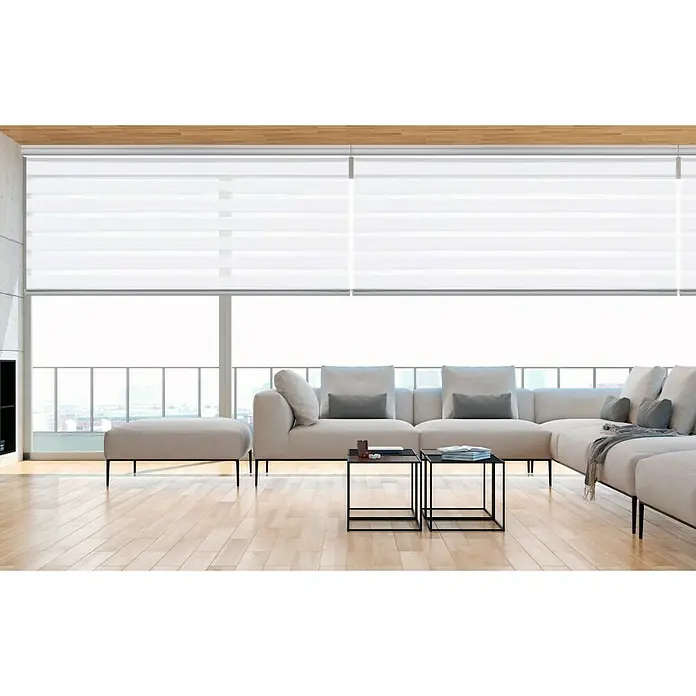Estor noche y día Platinum Duolux - An x Al: 100 x 250 cm, Blanco - Una sala de estar moderna con elegantes persianas enrollables blancas en grandes ventanas, que proporcionan privacidad y control de la luz.