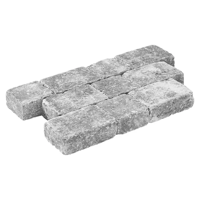 Diephaus Pflasterstein Austin - Grau, 21 x 14 x 7 cm, Rechteckig - Nahaufnahme von Pflastersteinen, die ein robustes und natürliches Aussehen für Außenbereiche bieten. Die Steine sind in Grautönen gehalten.