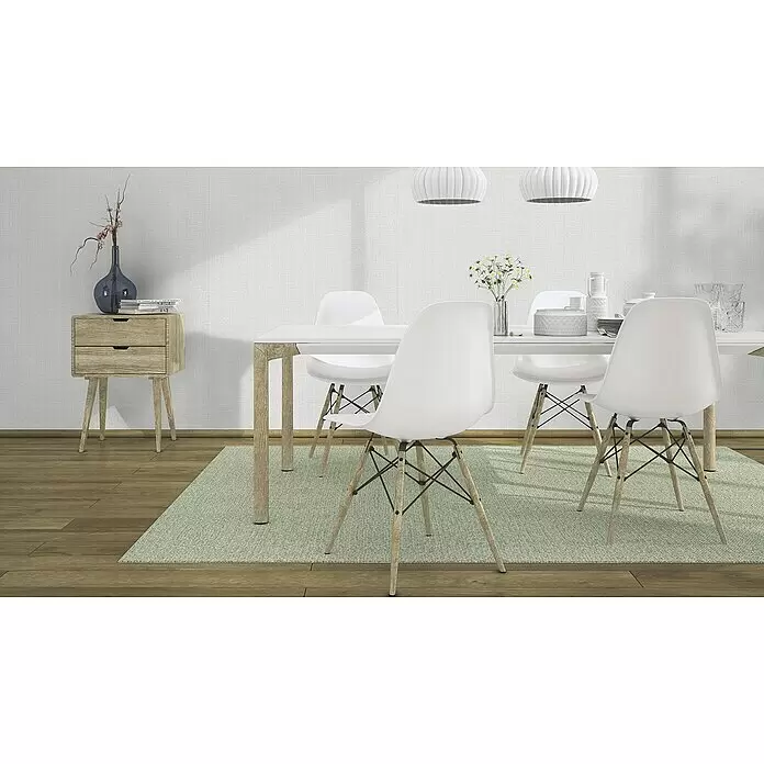 Rasch Wallton Vliestapete - Weiß, Uni, 10,05 x 0,53 m, Feine Struktur, Matt - Texturierte helle Tapete als ruhiger Hintergrund in einem modernen Esszimmer.