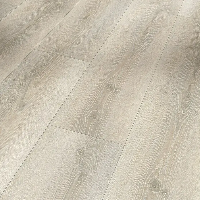 Parador Laminat Basic 600 - Eiche Askada weiß gekälkt, Landhausdiele, 1.285 x 243 x 8 mm - Helle Holzlaminatboden mit natürlicher Maserung. Das Laminat ahmt die Optik und Haptik von echtem Holz nach und verleiht dem Raum Wärme und Eleganz.