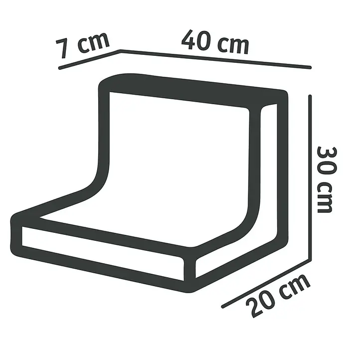Diephaus L-Stein - 30 cm, 40 cm, Stärke: 7 cm, Anthrazit - Darstellung eines L-förmigen Kantenschutzes mit Maßangaben. Der Kantenschutz bietet Schutz vor Stößen und Abnutzung.