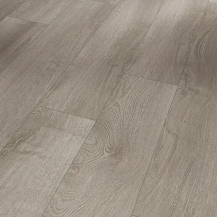Parador Laminat Basic 200 M4V Eiche lichtgrau1.285 x 194 x 7 mm, Landhausdiele, Eiche lichtgrau - Ein schönes Bild von Laminatboden in Holzoptik, der ein modernes und einladendes Ambiente schafft. Perfekt für jeden Raum.