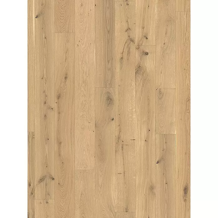 Parador Parkett Basic 11.5 - Eiche gebürstet weiß Naturöl, Landhausdiele, 2.200 x 185 x 11,5 mm - Naturhellbrauner Holzboden mit ausgeprägter Maserung und sichtbaren Ästen.