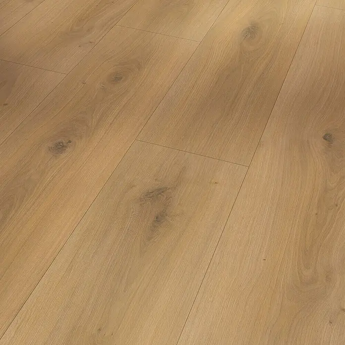 Parador Laminat Basic 600 - Eiche Horizont Natur, Landhausdiele, 1.285 x 243 x 8 mm - Nahaufnahme von hellem Laminatboden mit Holzmaserung und Astlöchern, ideal für moderne Innenräume.