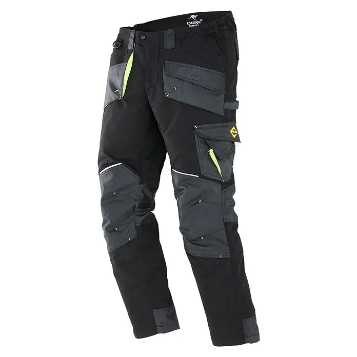 Terrax Workwear Herren-Arbeitshose - 54, Schwarz/Gelb - Abgebildete schwarze ROADSIGN Workwear-Hose mit mehreren Taschen und verstärkten Kniepartien für optimalen Komfort und Schutz.