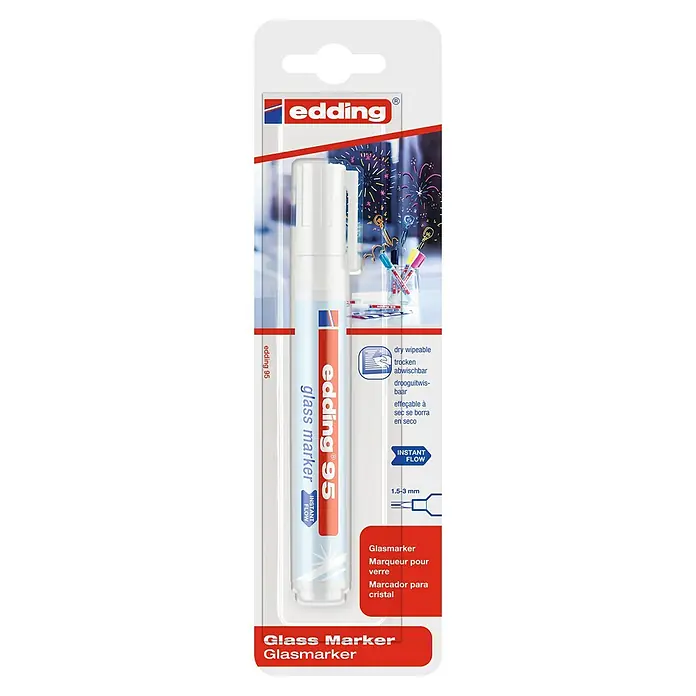 Edding Glasmarker 95 - Weiß, Strichstärke: 1,5 mm - 3 mm - Abbildung eines Edding 95 Glasmarkers in weiß, ideal für temporäre Dekorationen und Beschriftungen auf Glasoberflächen.