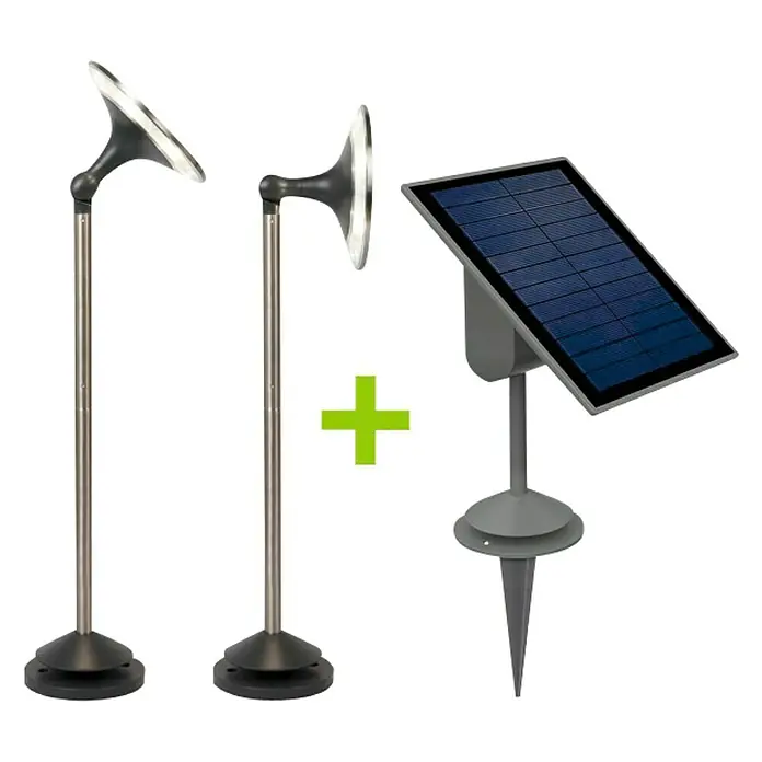 Lutec Baliza exterior LED 2 + panel solar Sun Connec - Altura: 52,5 cm, LED, Gris - Imagen con dos luces solares y un panel solar para uso exterior.