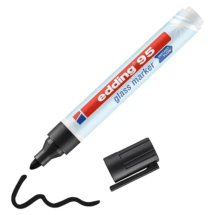 Edding Glasmarker 95 - Schwarz, Strichstärke: 1,5 mm - 3 mm - Ein Edding 95 Glasmarker in Schwarz, mit abgenommener Kappe und einer schwarzen Linie auf dem Untergrund. Ideal zum Beschriften von Glasoberflächen.