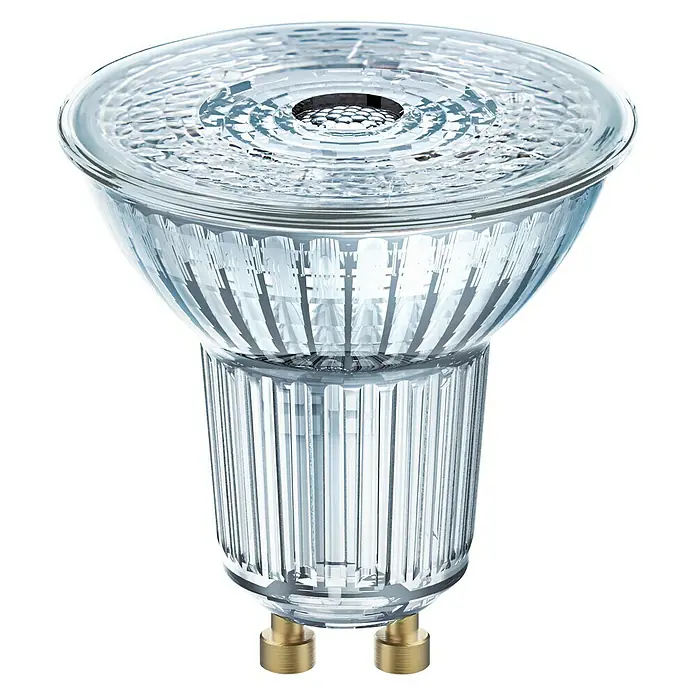 Osram Set de bombillas LED PAR16 - GU10, Capacidad de atenuación: Intensidad regulable, Blanco cálido, 350 lm, 4,5 W, 5 ud. - La imagen muestra una bombilla LED MR16 con vidrio transparente y dos pines dorados, ideal para iluminación de acento.