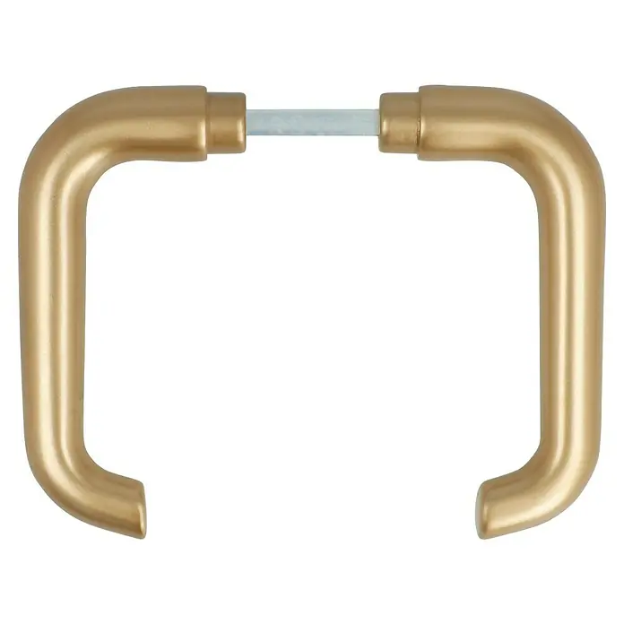 Portaferm Drückerpaar - Bronze, U-Form - Nahaufnahme eines Türgriffs aus Gold mit einem silbernen Stift in der Mitte, isoliert auf schwarzem Hintergrund.
