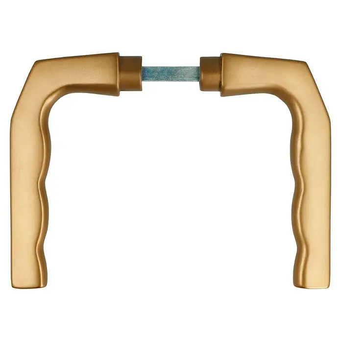 Portaferm Drückerpaar - Bronze, Fingerform - Goldfarbener Fenstergriff mit einer robusten, quadratischen Metallverbindung, der Funktionalität und Stil vereint.